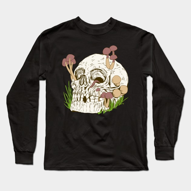 Skull with mushrooms and worm - Aestethic Goblincore Long Sleeve T-Shirt by Modern Medieval Design